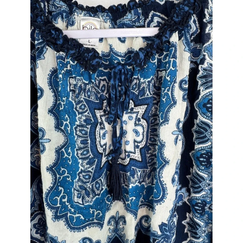 Bila Womens Blue Medallion Paisley Sleeveless Boho Ruffle Tassel Top Large - Picture 2 of 8